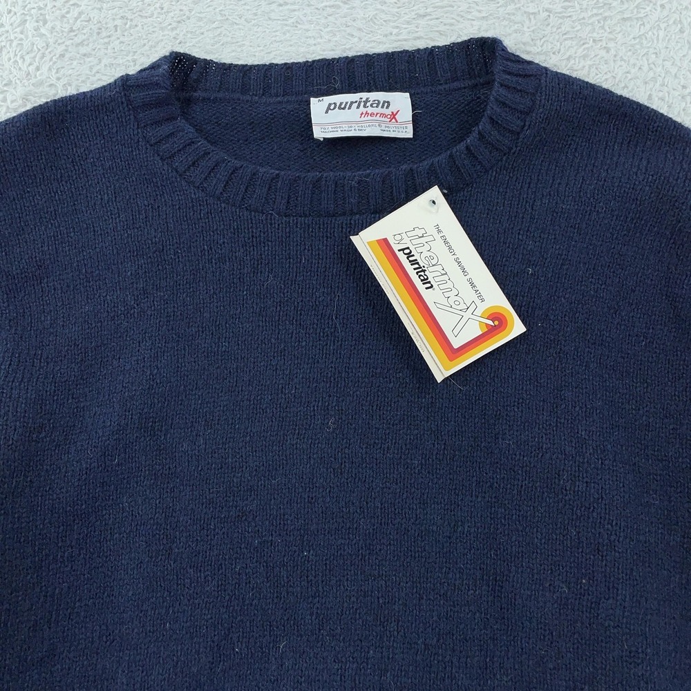 Vintage Puritan Sweater FITS Small Navy ThermaX Therm Cru Wool Made USA 80s